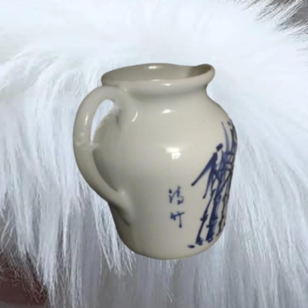 Oriental Bamboo Brush Art Ceramic Vase Pitcher Blue Cream 6